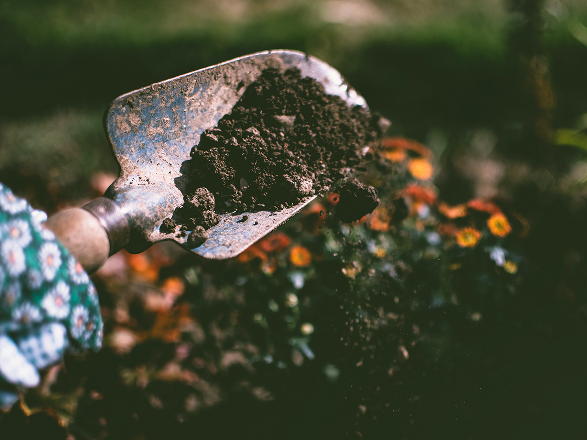 Person Digging on Soil Using Garden Shovel